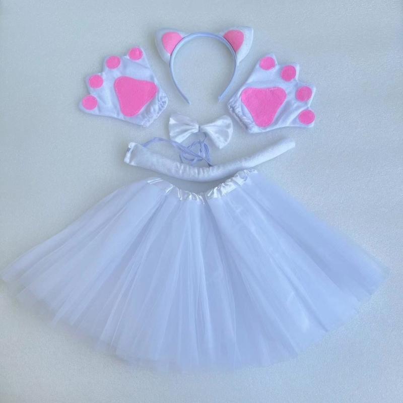 Cats Costume Set Includes Cats Tail Headband Bowtie Glove Skirt Halloween Catgirl Dress up Outfit for Kid Women Cosplay