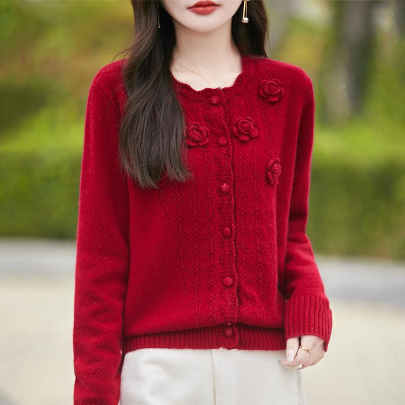 Handmade Pure Wool Hollow Out Knit Cardigan with Floral Design - Red, Autumn/Winter.