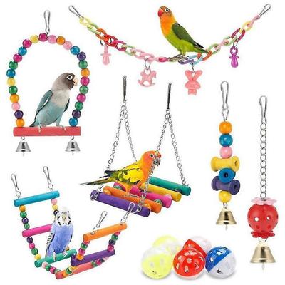 Natürliches Holz Vogelspielzeug Set 11 Teile Papageienkäfig Sitzstange Schaukel Kauspielzeug für kleine bis mittelgroße Vögel