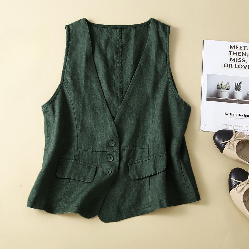 Women's Retro Vest Summer V-neck Casual Sleeveless Vest Cotton and Linen Thin Vest Jacket