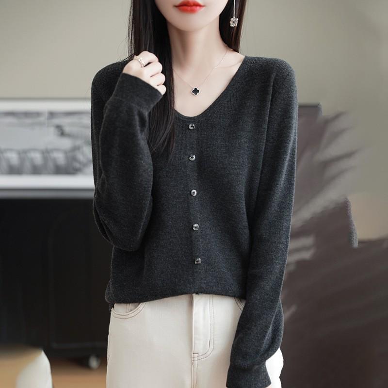 Womens 100 Merino Wool Cardigan V Neck Single Button Solid Color Loose Casual Top