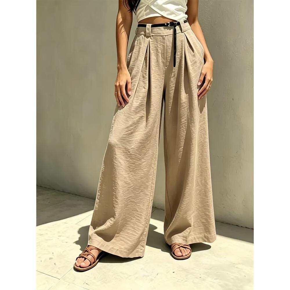 Women's High Waist Belted Pleated Solid Linen Wide Leg Long Pants Loose Fit Casual Trousers