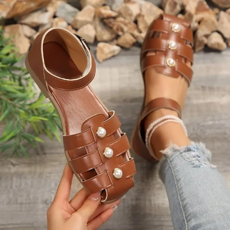 мода женская обувь 2024 мода закрытый носок женские сандалии летние римские повседневные сандалии женские жемчужные пряжки ремешок закрытый каблук туфли женские 41 2655₽
