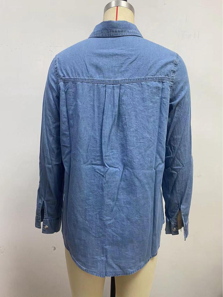 Women's Long-Sleeve Denim Shirt - Casual European & American Style, Autumn, Lapel, Single-Breasted