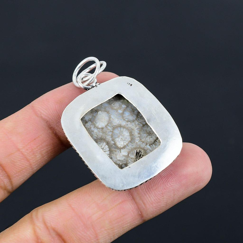 Daughters Day Deal Fossil Coral Gemstone Anniversary Pendant Jewelry 925 Silver