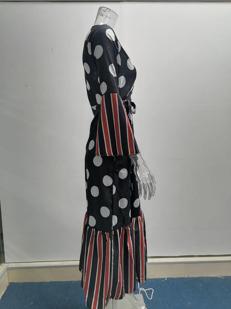 2025 European American V-Neck Tie-Up Long Sleeve Printed Dress for Autumn/Winter