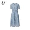 JUZUI Elegant Floral Print V-Neck Lyocell Dress