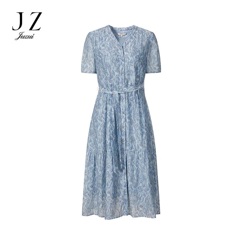 JUZUI Elegant Floral Print V-Neck Lyocell Dress
