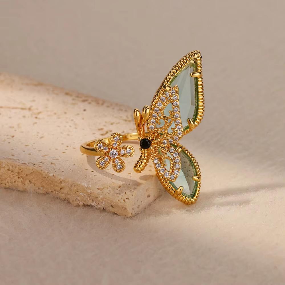 Crystal zircon flower geometric ring, retro adjustable open ring, light luxury, high-end explosive product