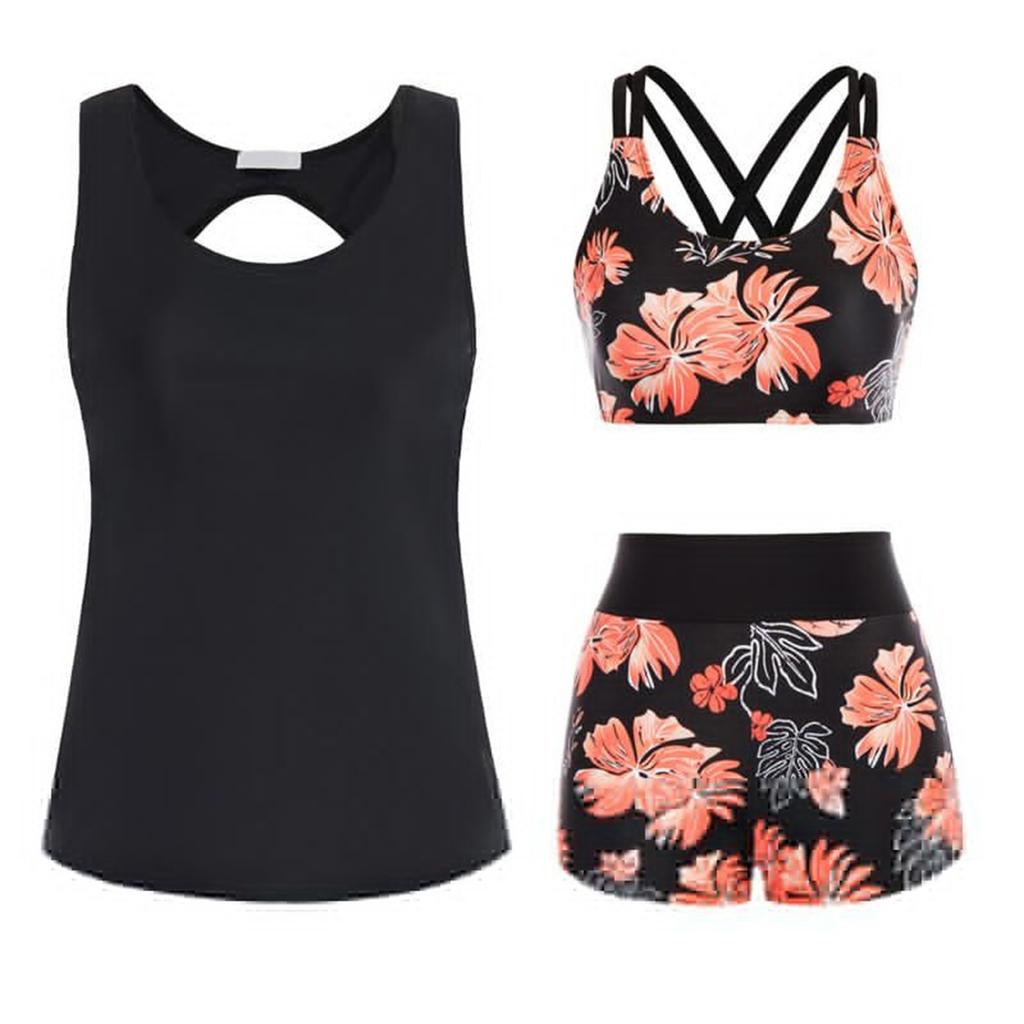 Women's Floral Printed Separate Three Piece Swimsuit With Bra Pads No Steel Bra Sexy Bikini