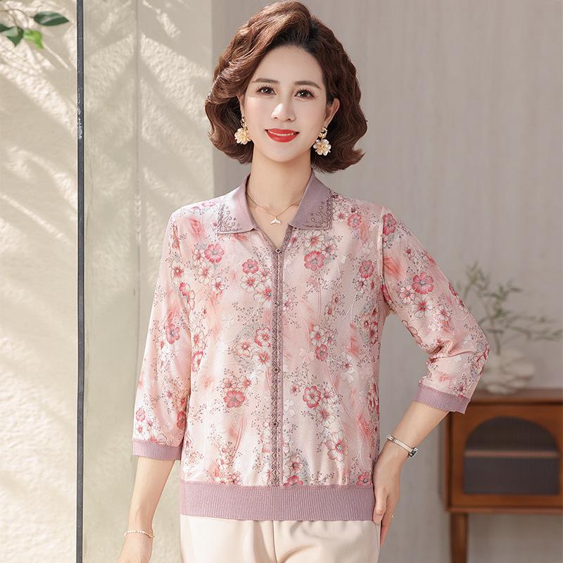 

Mom s Floral Ice Silk Blouse for Middle-Aged and Elderly Women, Summer Lapel Seven-Sleeve T-shirt, Lightweight and Versatile Top 4XL (135-150 lbs) розовый