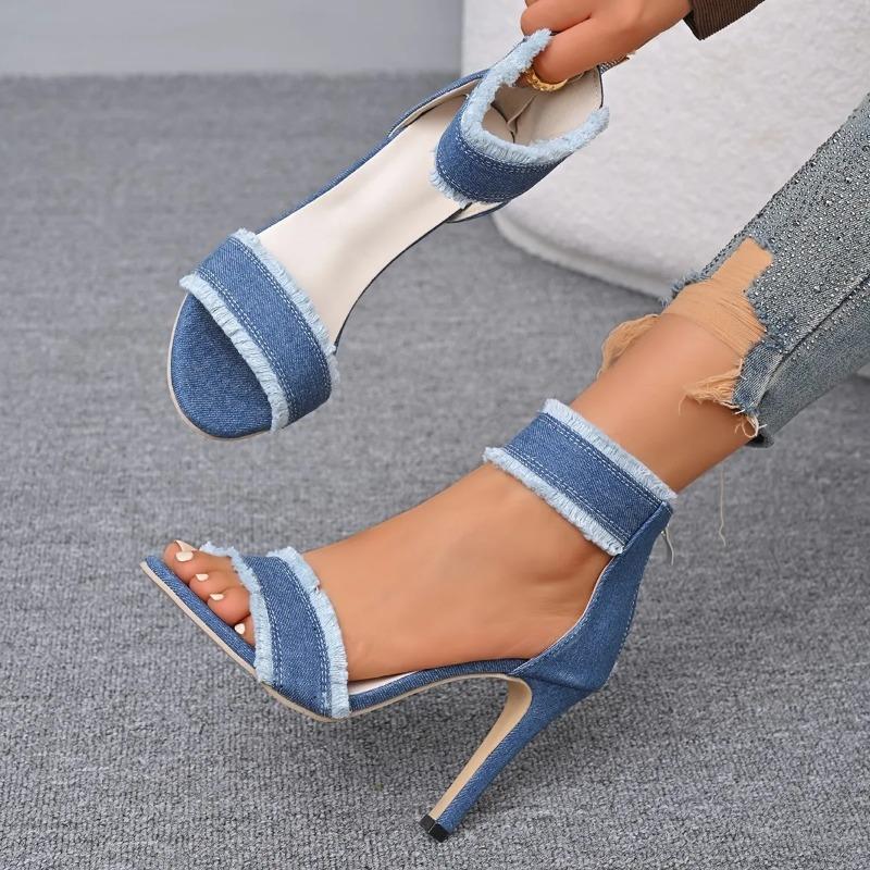 Fashion 2025Spring Summer  Sexy Sandals  Blue Denim Ankle Strap High Heels Shoes Sexy Female Peep Toe Sandals  Shoes for