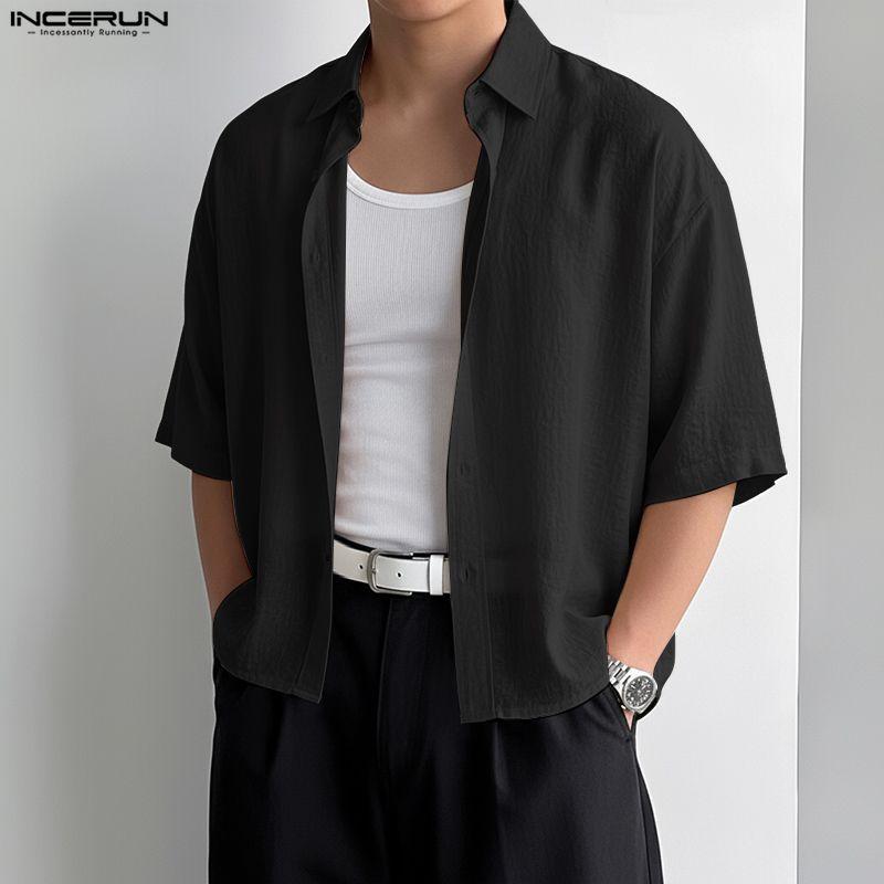 INCERUN Oversized Men Lapel Neck Short Sleeve Cropped Casual Loose Shirts