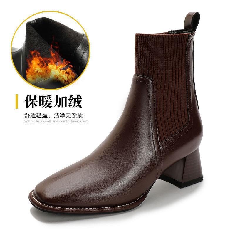 

Knitted stretch boots medium heel fashion boots 2024 new women s boots high heel thin boots autumn and winter medium tube square head short boots 39