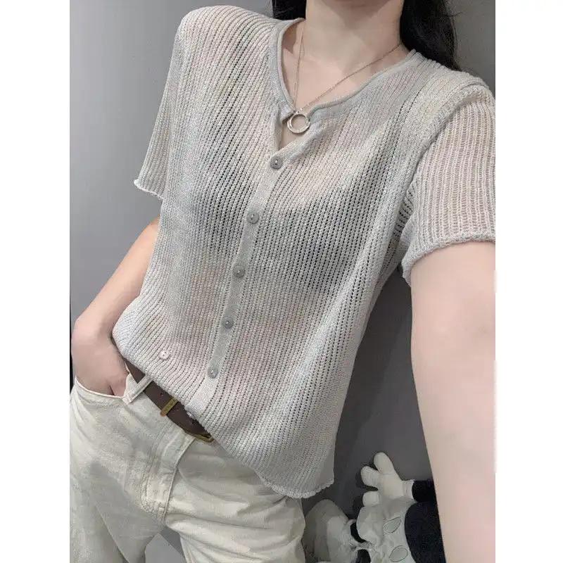 Summer V-neck ice silk short-sleeve women s top XL серый