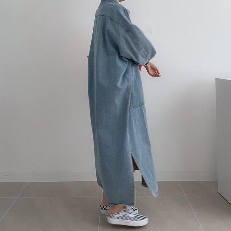 Retro Chic Lazy Long Sleeve Denim Dress Loose Casual  Women's Maxi Drress