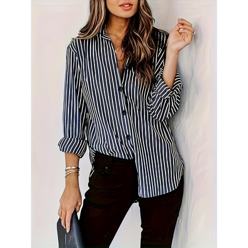Elegante Camicia a Righe Bottonata da Donna - Blusa Casual a Manica Lunga con Collo, Poliestere Leggero, Lavabile in Lavatrice, Perfetta per l'Estate