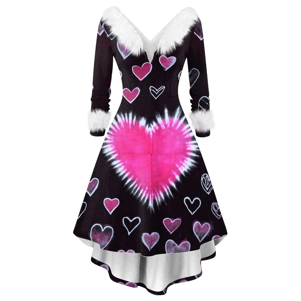 Damen stilvolles und elegantes langärmeliges V-Ausschnitt Kleid mit Valentinstags-Herzprint