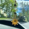 Sun Hanging Car Charm, Green And Gold Rear View Mirror Accessories Cute Boho Dangling Sun Car Decor Handmade Healing Crystals Stones Ornament Gifts