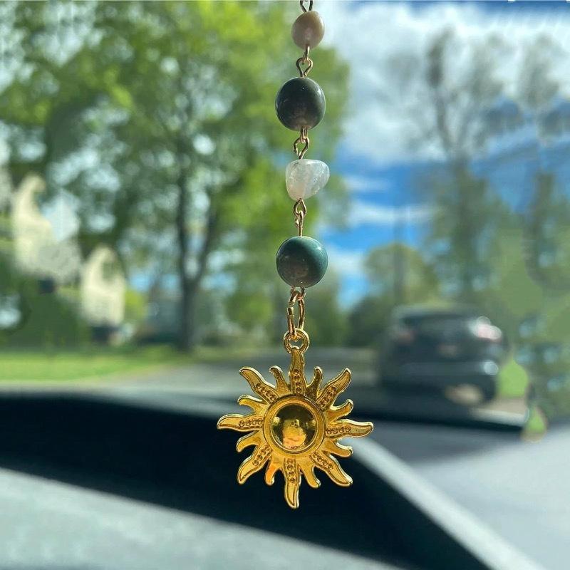 Sun Hanging Car Charm, Green And Gold Rear View Mirror Accessories Cute Boho Dangling Sun Car Decor Handmade Healing Crystals Stones Ornament Gifts