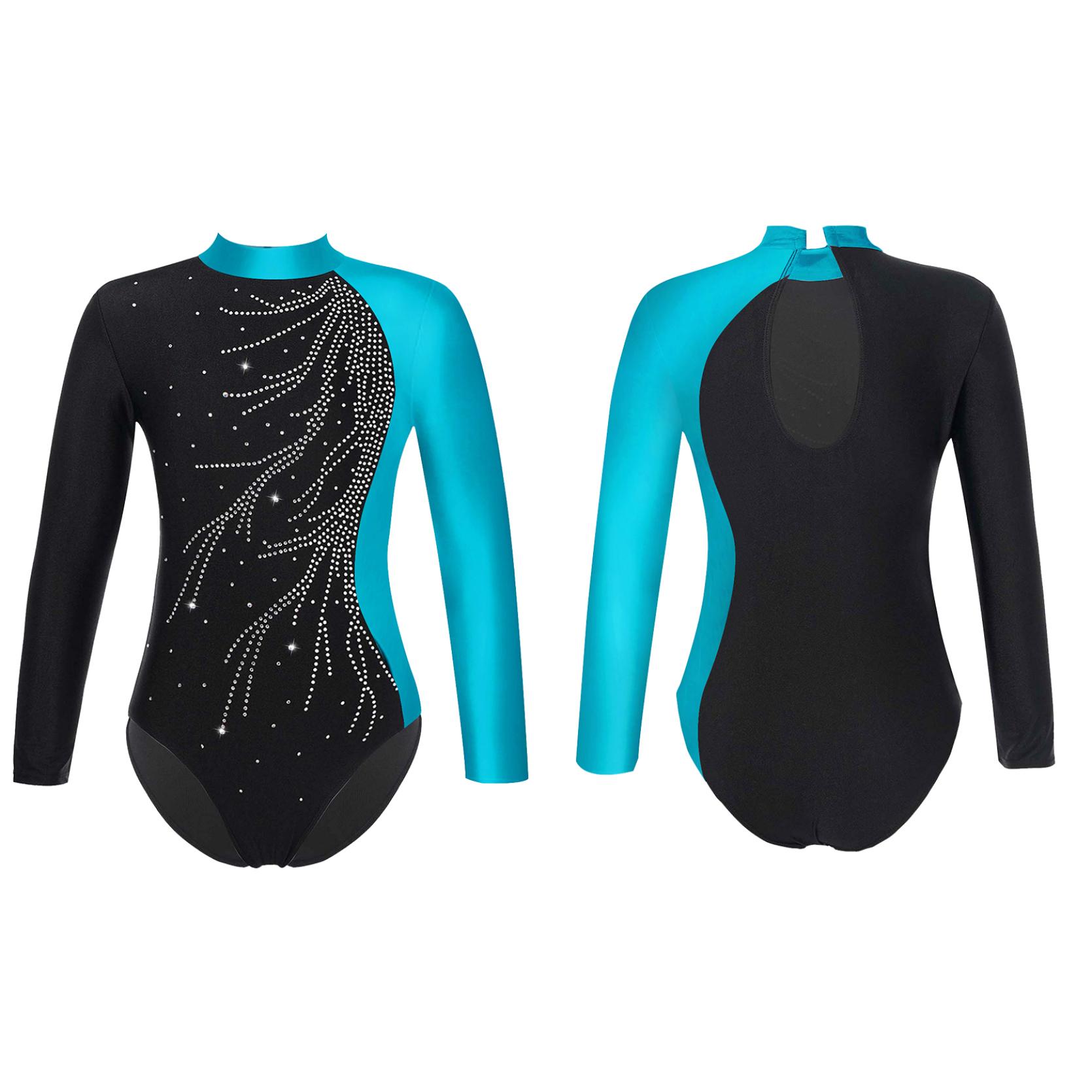 

Спортивный купальник с длинными рукавами для девочек, балета, танцев, гимнастики, детский костюм для катания на коньках с блестящими бриллиантами, танцевальная одежда 7-8 Years озеро синий