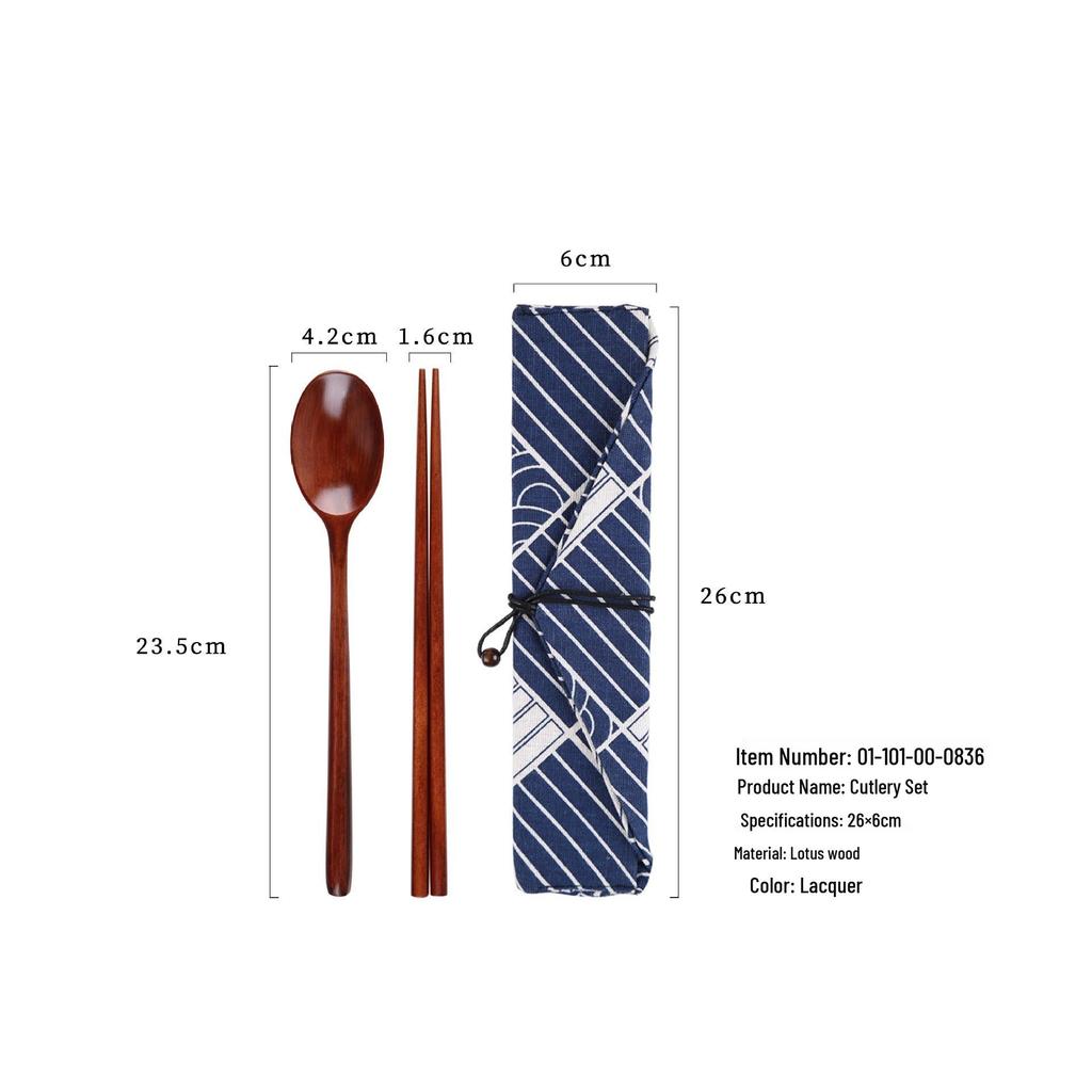 Japanese Korean Wooden Spoon & Chopsticks Set - Portable Tableware for Soup, Rice, and Serving.