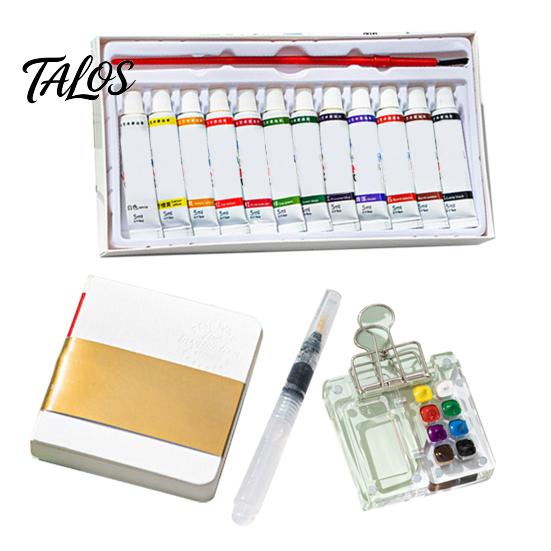 Mini Watercolor Sketchbook Paint Box Pocket Artist Travel Set 8/15-Color Metal Binder Clip Palette Walnut Wood Portable Pen