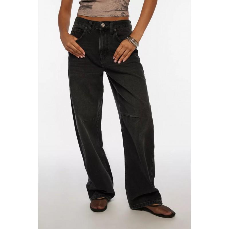 Womens Black Washed Wide Leg Jeans Loose Fit High Street Style Cotton Blend Denim Pants