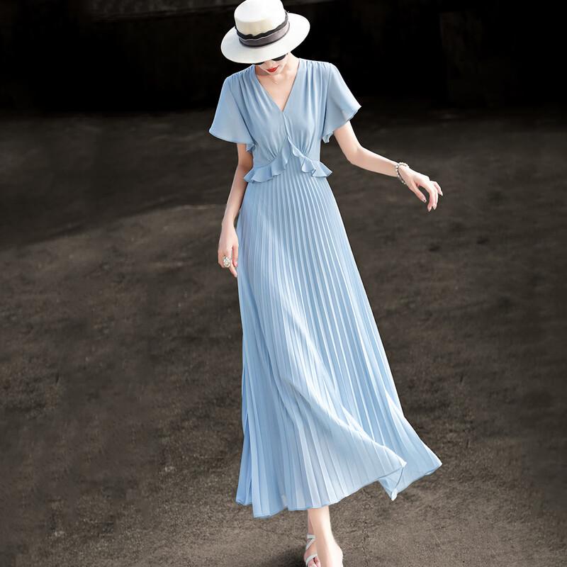 Elegant Ruffle V-Neck Pleated A-Line Midi Dress S синий