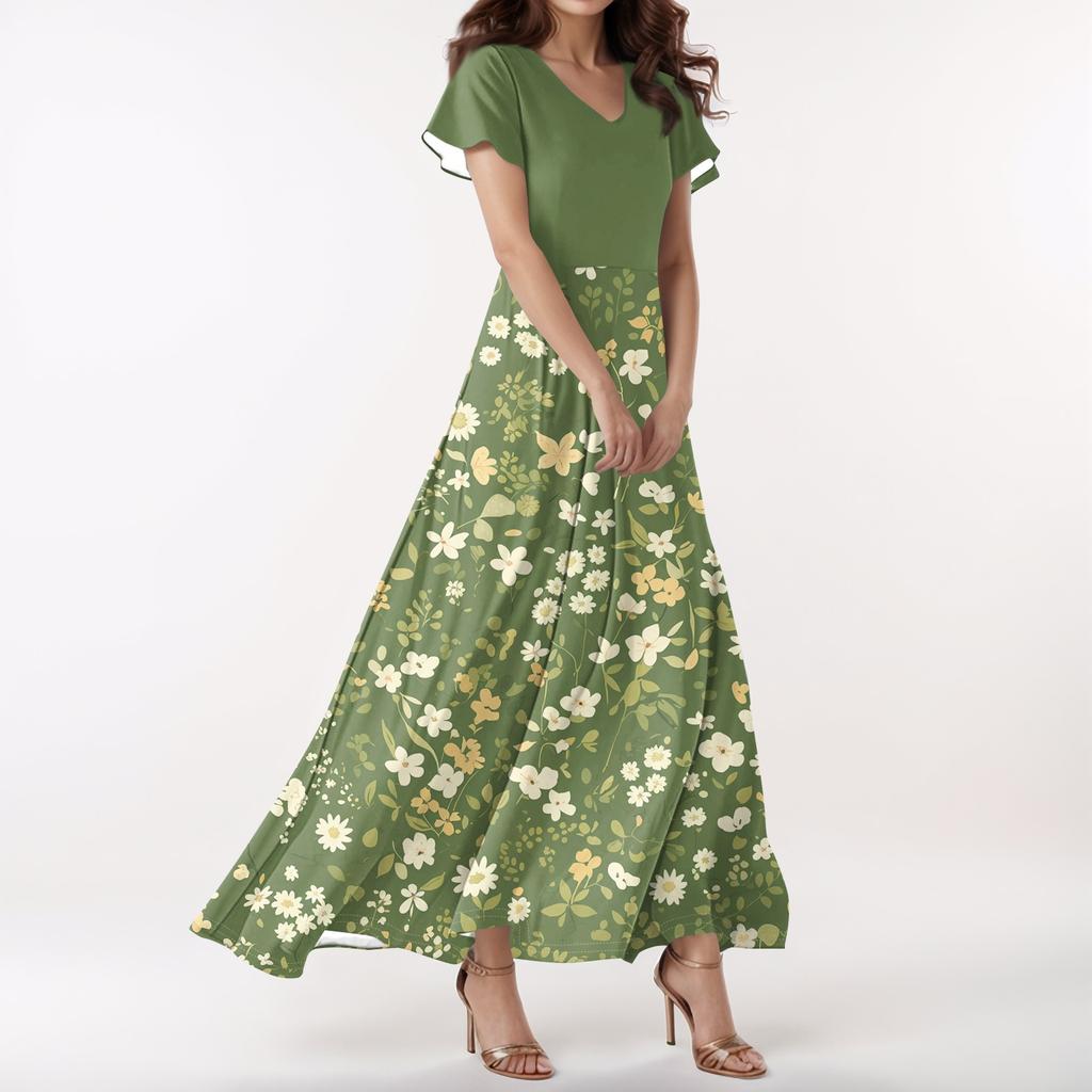 Lässiges Damenkleid mit V-Ausschnitt, kurzen Ärmeln und hoher Taille, Retro-Blumenblatt-Print