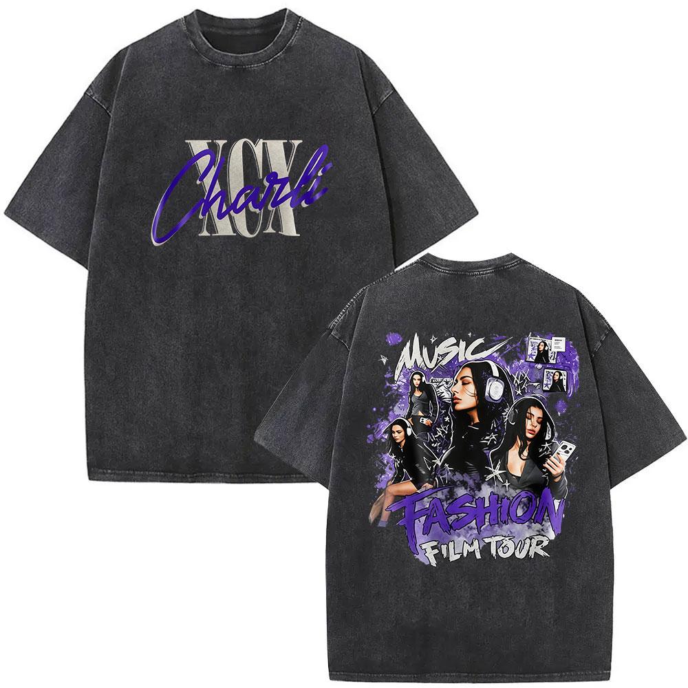 2026 Hot Sale Charli XCX Music Fashion Film Tour 2026 Vintage Washed T Shirt Men Women Summer Pop Music Fashion Oversized T-shirts Streetwear Top