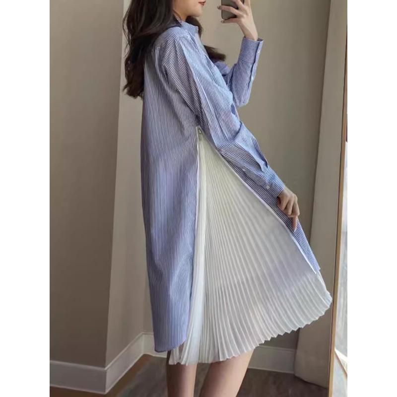 FOG SACAI 2024 Japanese Pleated Side Slit Long Sleeve Striped Shirt Dress