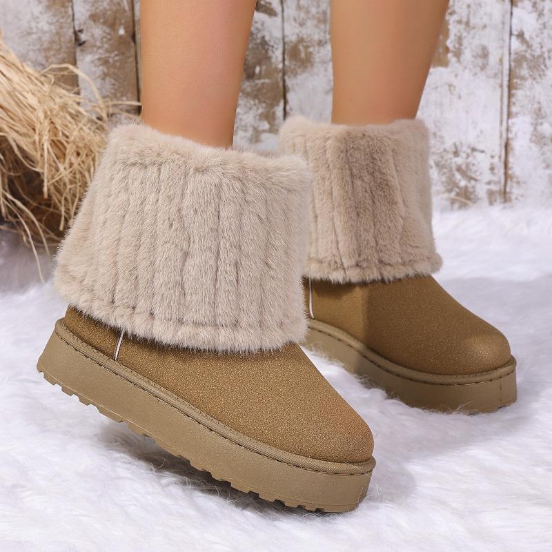 Warm snow fur integrated female warm person flat bottom short winter velvet cotton shoes wool tube snow boots long tube