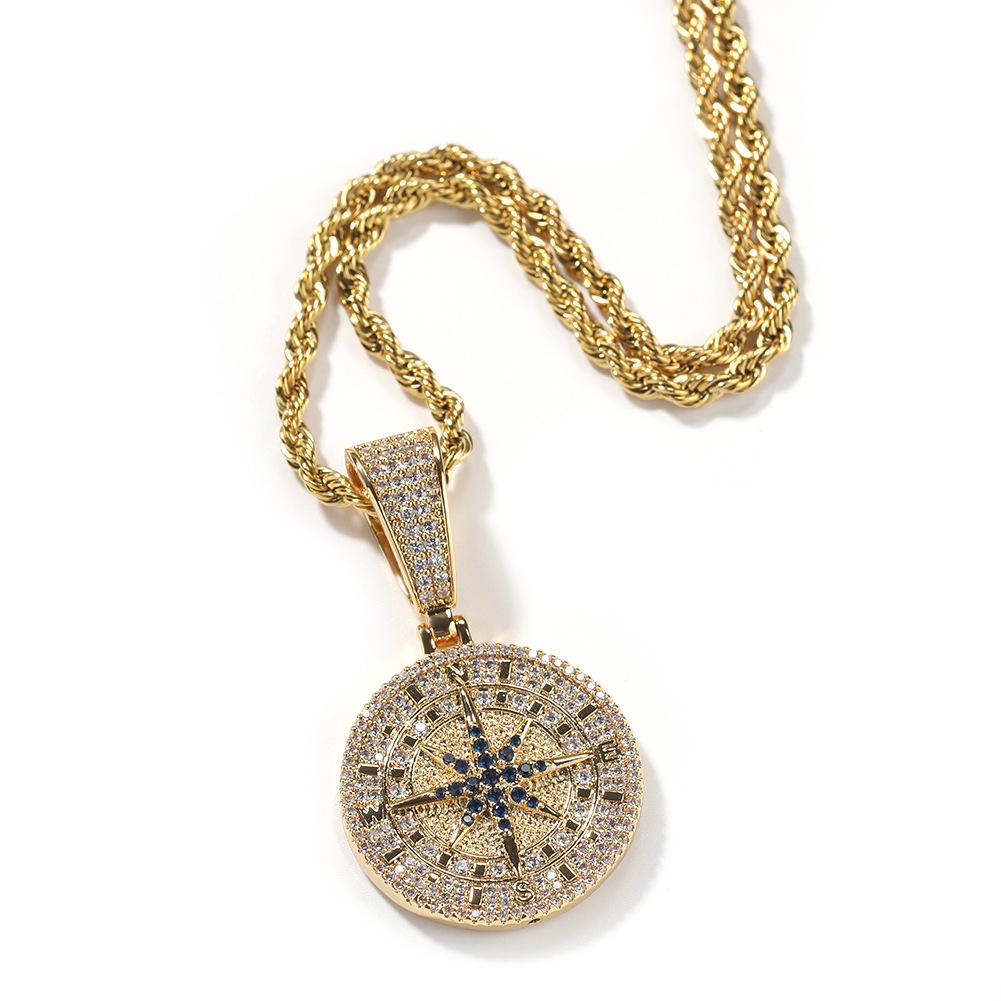 Hip Hop Diamond Gold Compass Pendant Necklace Personalized Retro Copper Pendant Creative Jewelry