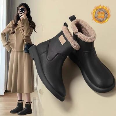 Soft Leather Snow Boots Women's New Winter Brown Non-slip Martin Boots Fleece Short Boots Warm Lamb Wool Cotton Shoes