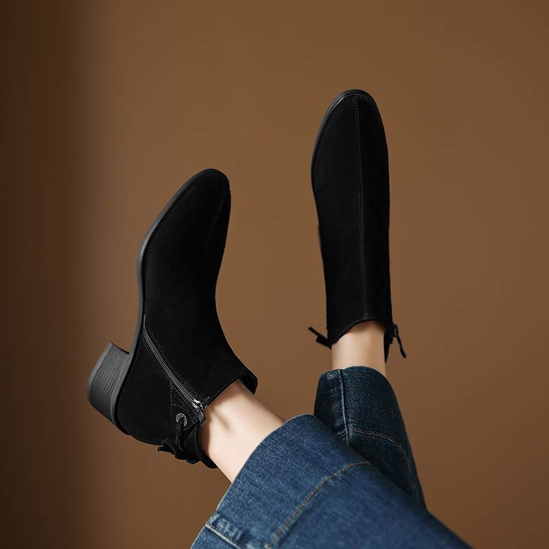 Krazing Pot Cow Suede Nubuck Round Toe Thick Heels Chelsea Boots Size 42 Slip on Women Butterfly-knot Ankle Boots