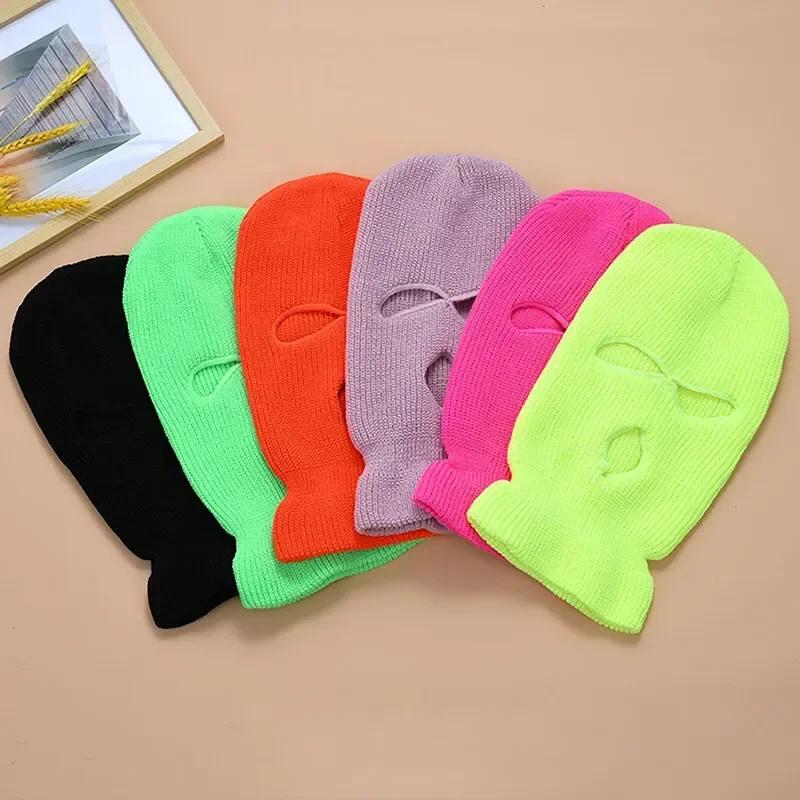 Motorcycle Windproof Full Face Knit Hats Custom SkiMask Men Warm Wool Balaclava Embroidery Winter Hats Knitted 3 Holes Ski Mask