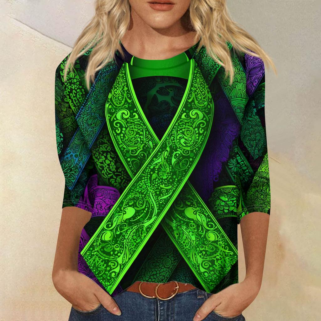 Dámské módní ležérní tričko s potiskem, kulatým výstřihem a sedmidílným rukávem, volného střihu