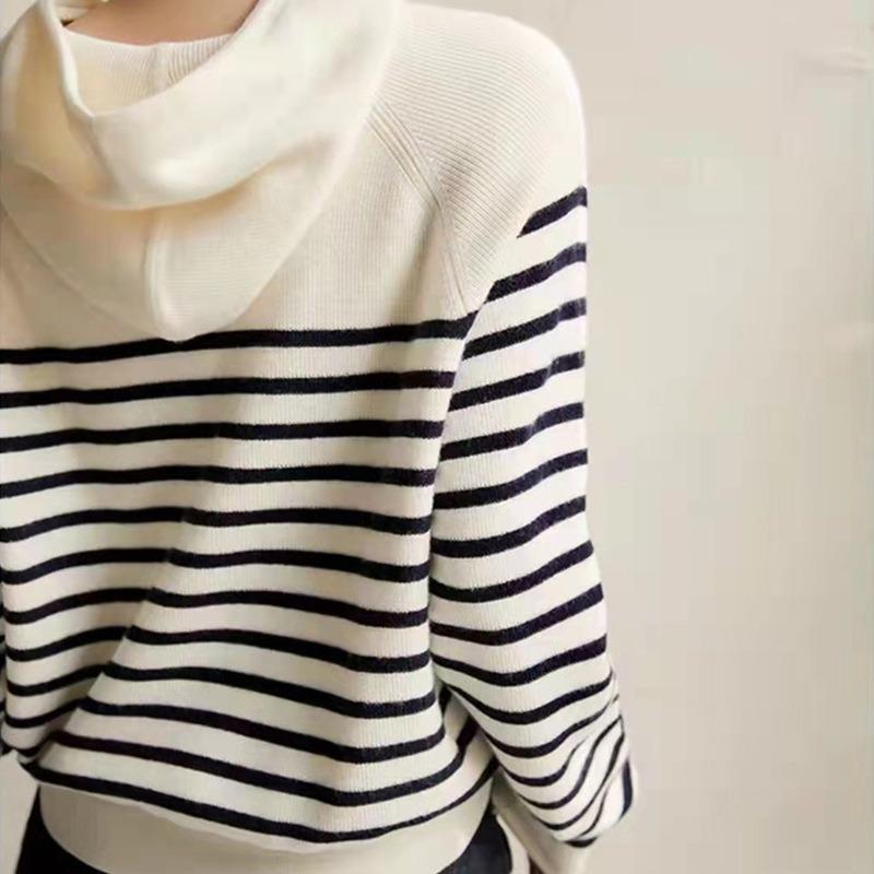 Hoodie age-reducing striped drawstring knitted sweater women's autumn and winter simple temperament versatile casual style sweater tide