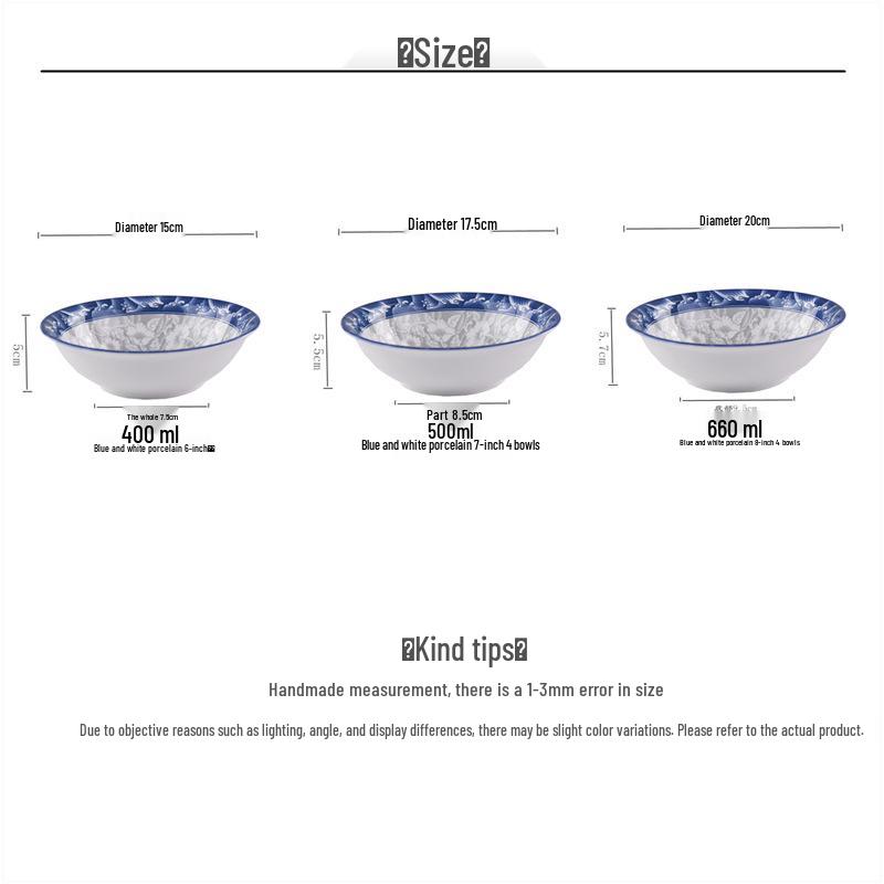 4-Piece 8-Inch Ceramic Noodle Bowls: Underglaze Blue and White Porcelain Conical Soup Bowls, Household Tableware.