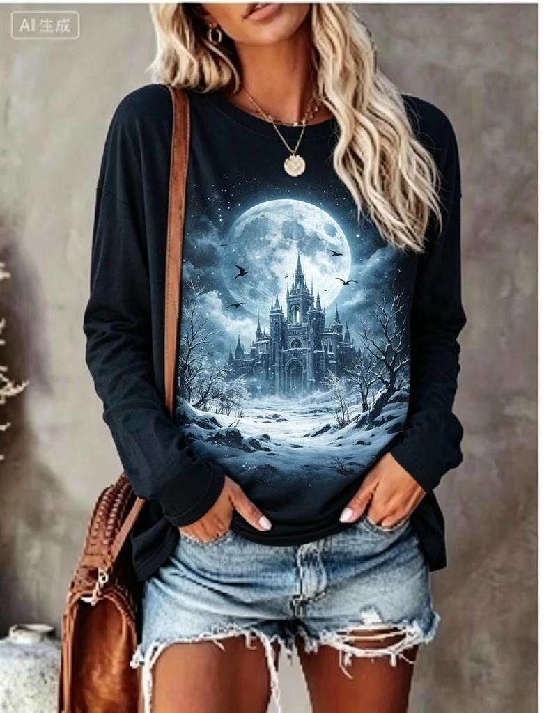 Women Christmas Long Sleeve Hoodie Snowman Puppy Tree Gift Snowflake Print Crew Neck Winter Tops