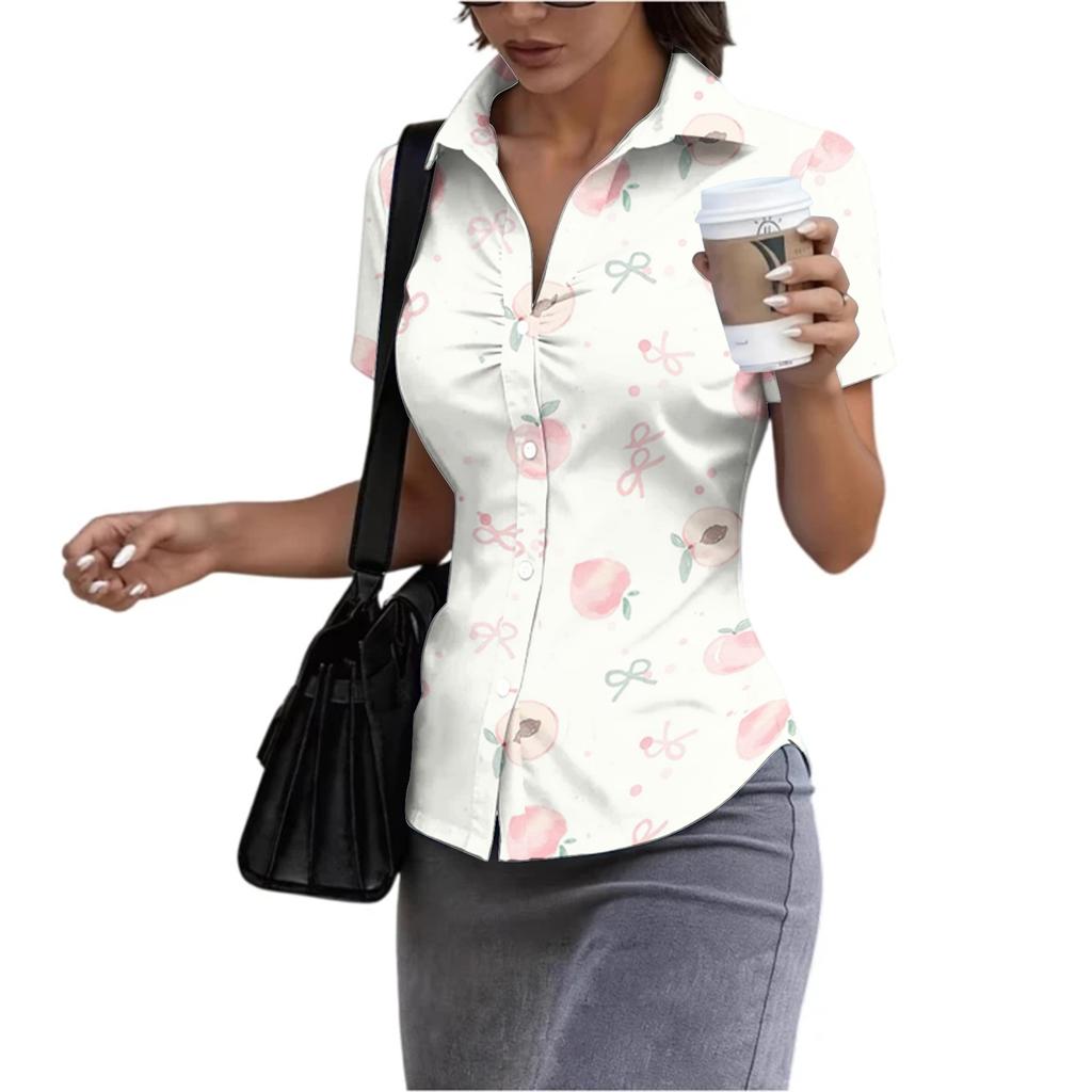 Women Short Sleeve Button Down Shirt Slim Fit Collared Blouse Lightweight Casual Workwear Top for Summer