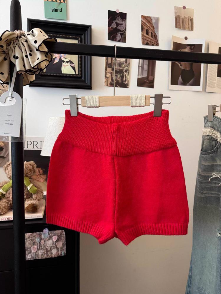 

Women s High-Waisted Wool Knit Shorts - 5 Colors, Versatile Slimming Sportswear One-Size красный