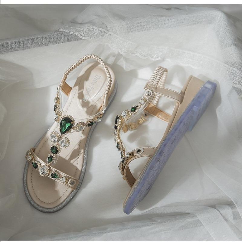 Rhinestone Wedge Heel Sandals Women's Summer Fairy Style Student Fashion and Women's Flat Shoes