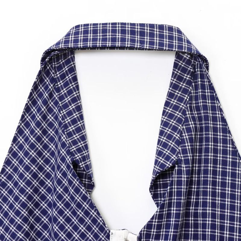 Kaslead New Women Clothes Western Style Fashion Gyaru Hanging Neck Lapel Plaid Short Top