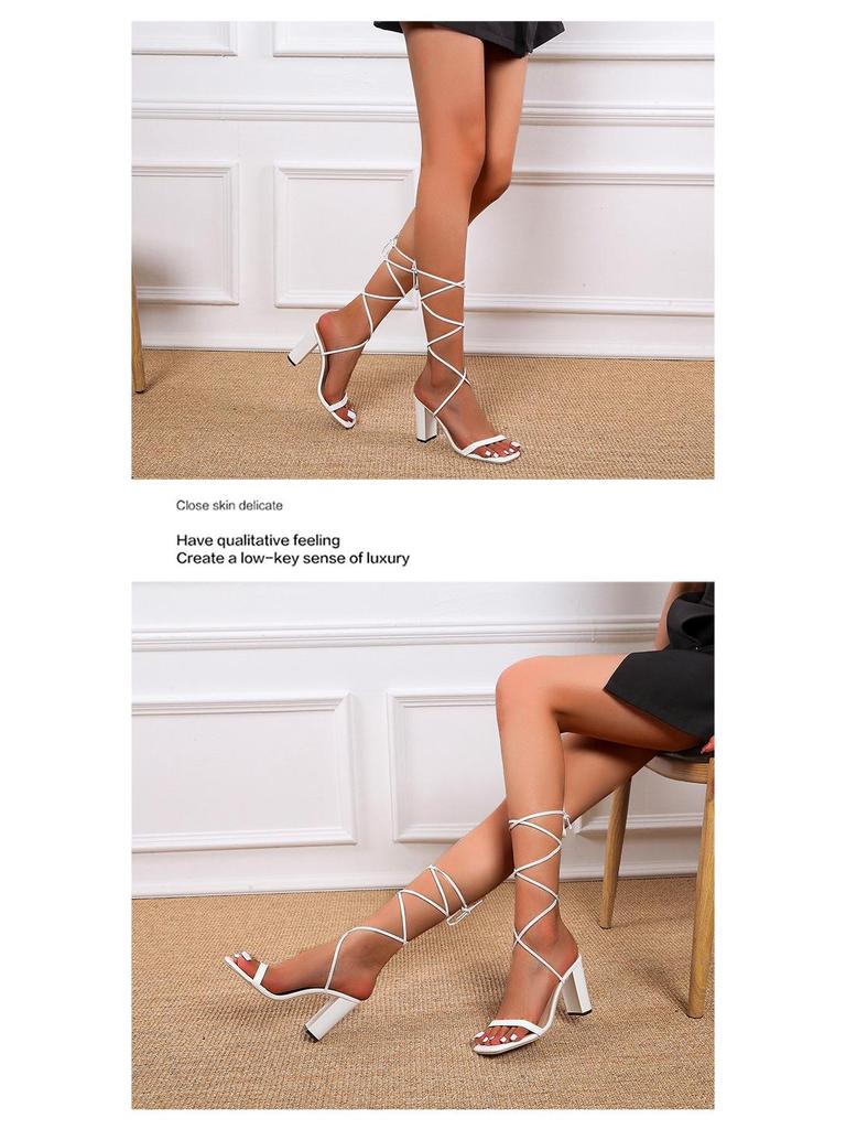 Nové evropské a americké dámské sandály na vysokém podpatku s tlustým čtvercovým podpatkem, designem rybích úst a detailem pásku na léto.