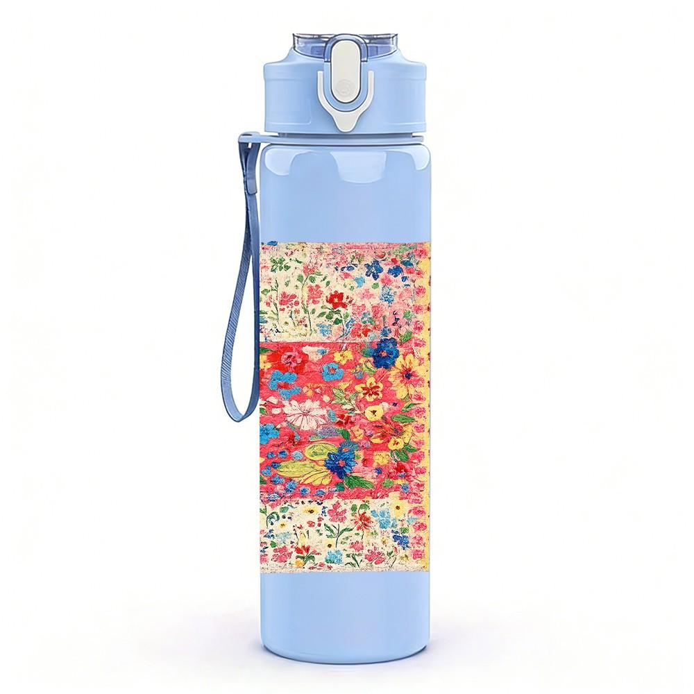 1PC Boho Patchwork Quilt Textile Print 750ml Color Plastic Sports Water Bottle Leakproof Flip Straw Lid Suitable for Sports Office Home Use