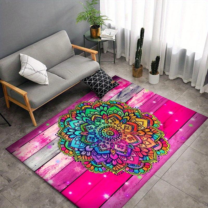 Floor Mat Crystal Velvet Wood Flower Printed Non-Slip Floor Mat, Polyester Area Rug with Vibrant Mandala Design for Living Room