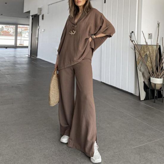 Women's Two-Piece Outfit Oversized 3/4 Sleeve Pullover Top And Wide Leg Pants Set Fall Casual Loose Lounge Set