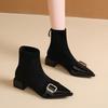 Fashion Square Heel Single Boots Fall New Pointed Toe Metal Buckle Suede Rear Zip Anti-Slip Wear-Resistant Booties